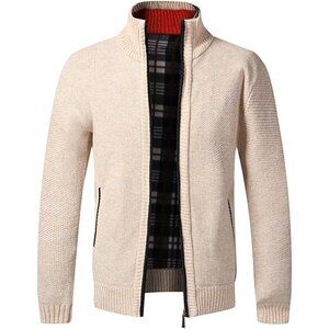 Men's Beige Casual Slim Full Zip Knitted Polyester Cardigan Sweater with Pocked